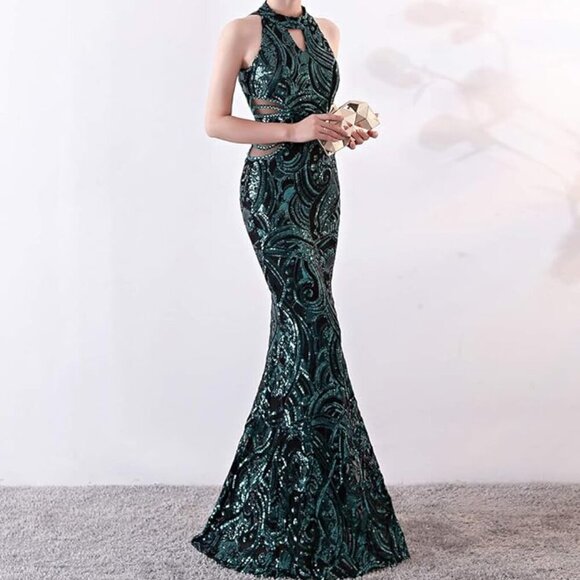 Elegant Halter Fishtail Slim Party Dress - Size Small - Black/ black - Picture 5 of 9